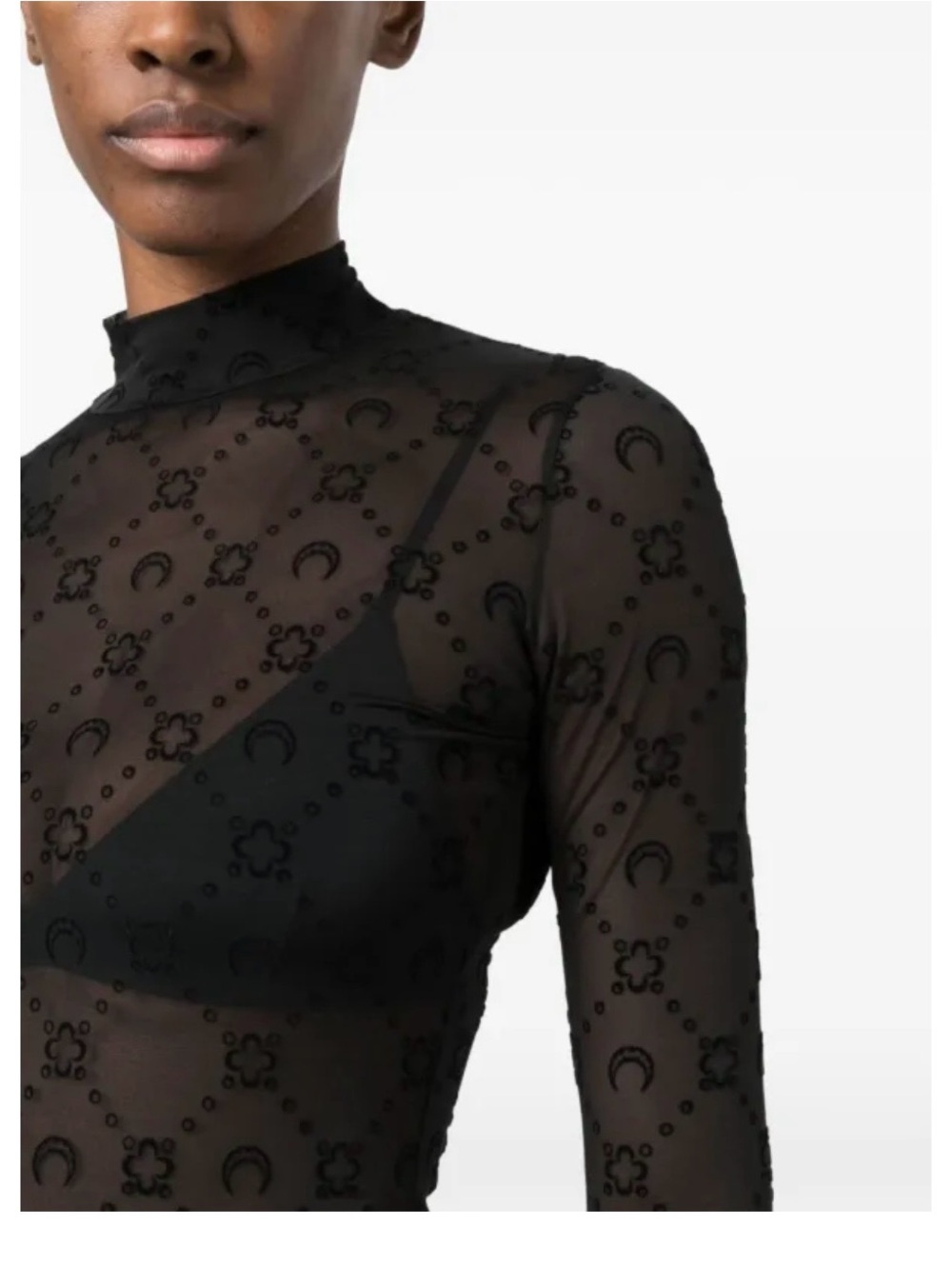 Marine Serre Black Sheer Moon & Clover Motif High-Neck Long Sleeve Top